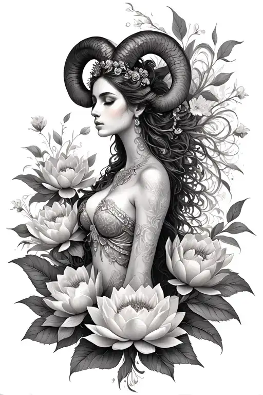Aries Sexy Goddess Surrounded By Lotus And Peony Flowers
