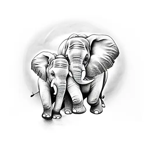 Mother Elephant Baby Elephant Trunks Up Surrounded By Cherry Blossoms