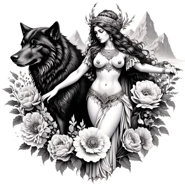 Athena Sexy Goddess Surrounded By Poeny Flowers And Black Wolf With Mountains