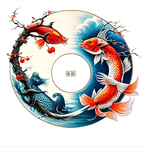 Japan Cherry Wood Tree 2Ying Yang Fish And One Samurai With Sword