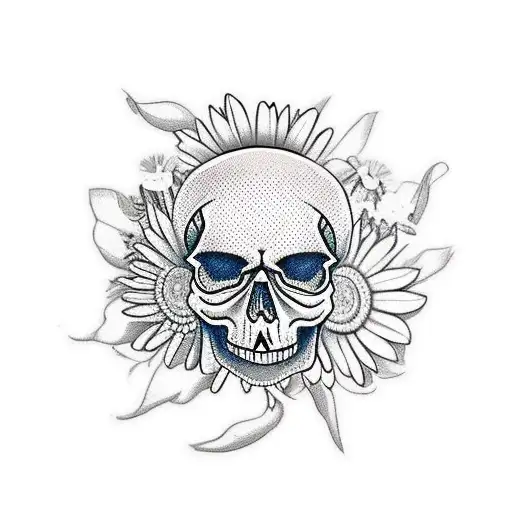 Skull With Daisies For Eyes And A Monarch Butterfly On Top Of The Head