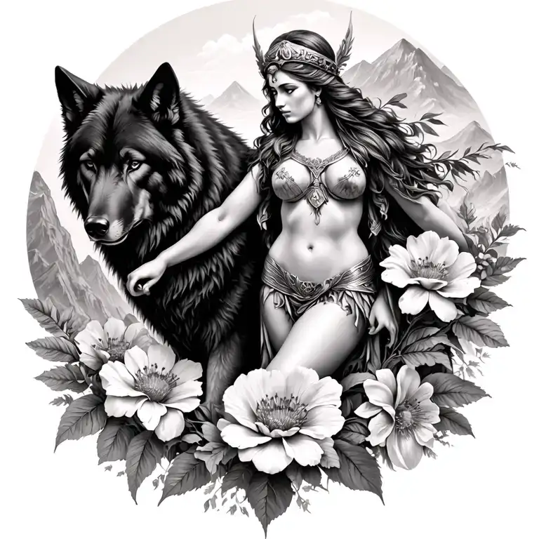 Athena Sexy Goddess Surrounded By Poeny Flowers And Black Wolf With Mountains