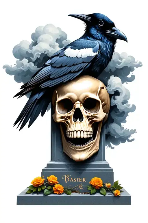 Skull Cloud Crow On Headstone