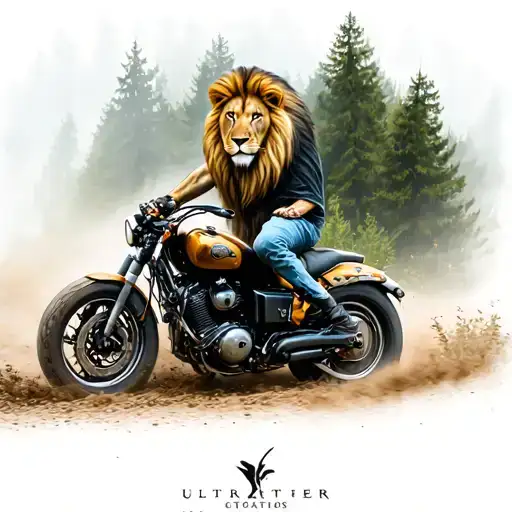 A Majestic Lion Riding A Motorcycle Through A Forest