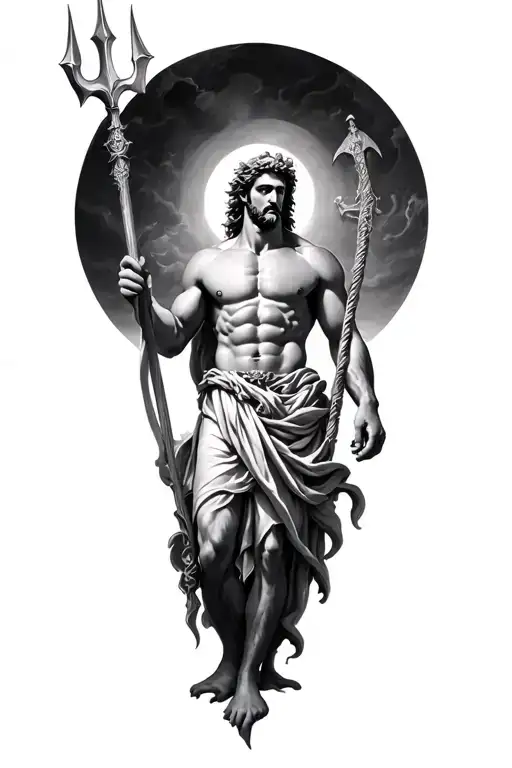 Poseidon Holding The Trident Surrounded