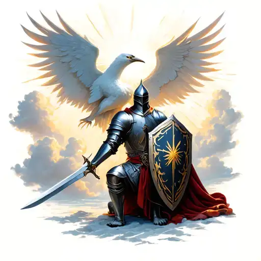 Heaven Rays Clouds Templar Kneeling Knight With Sword And Shield With Phoenix In Back Ground
