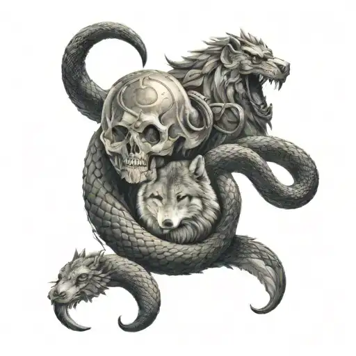 Snake On Top Bird And Viking In Middle And Wolf In The Bottom