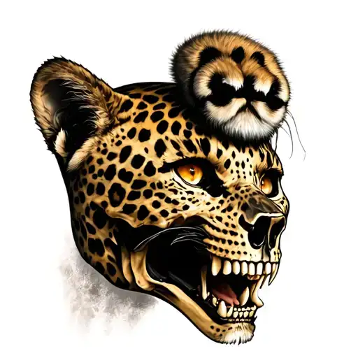 Leopard Face Snarling With Paw On Top Of Skull