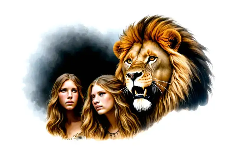 Scared Lion Behind Lioness Daughters