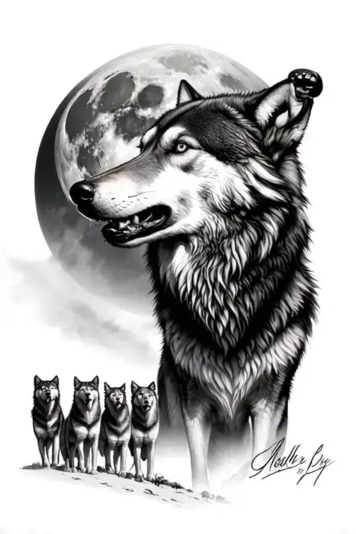 Wolf Pack Leader Howling At The Moon With 5 Other Wolves Watching