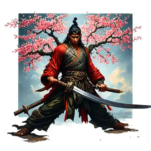 Ssmurai Standing With Sword Drawn Under Cherry Tree