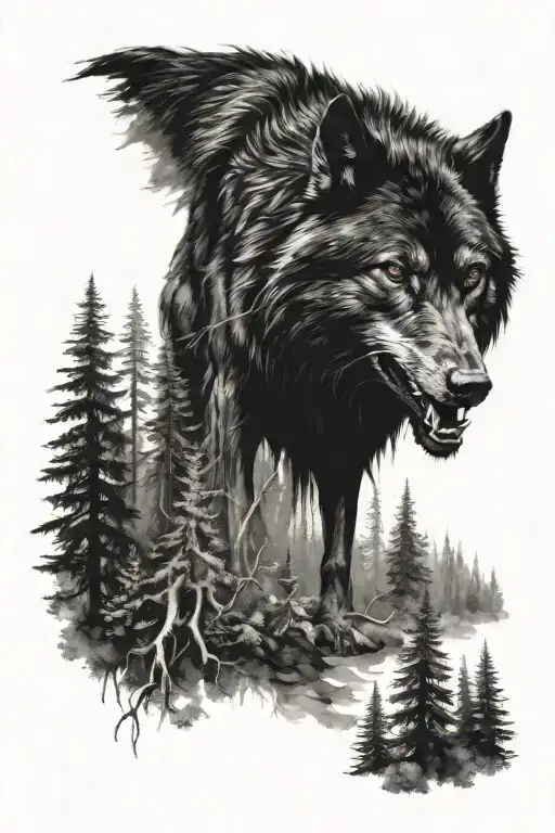 Ferocious Black Evil Wolf In The Forest