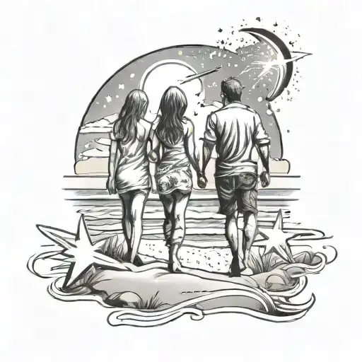 Couple Watch Shooting Stars At Beach Scene Tattoo Design