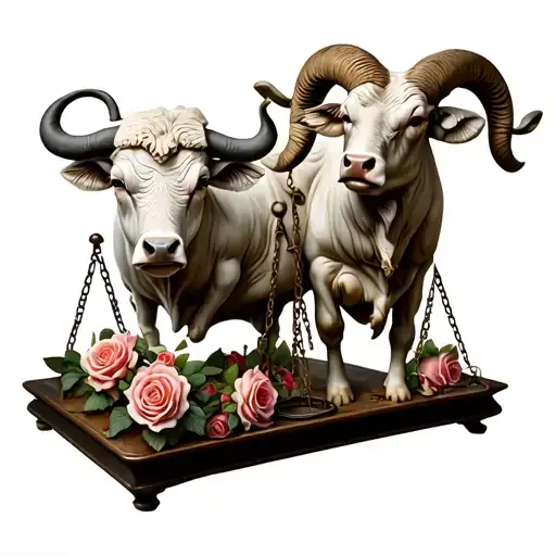 Ancient Balance Scale Holding A Bull On One Side And A Ram On The Other While Roses Sit At The Base