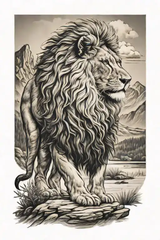 Proud Lion Standing On Mountain Landscape With A Flowing River