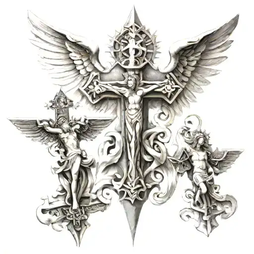 A Christian Cross With Angels And Warriors
