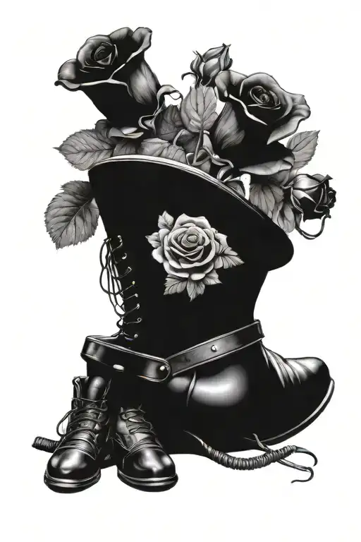 Air Force Helmet And Boots With Black Roses Growing From The Boots