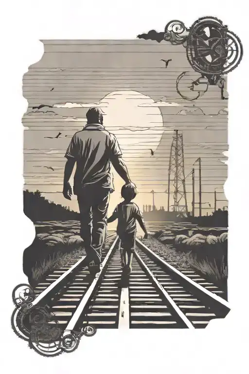 Silhouette Of Father And Son Holding Hands On Railroad Tracks Walking To Sunset