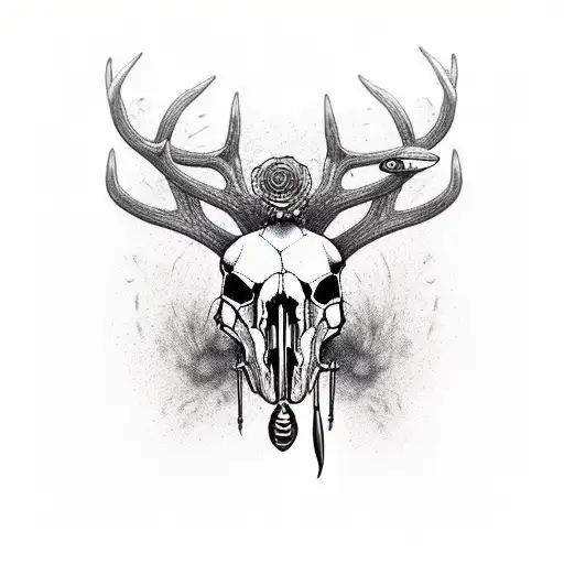 A Deer Skull Adorned With Fishing Lures And Bullet Casings