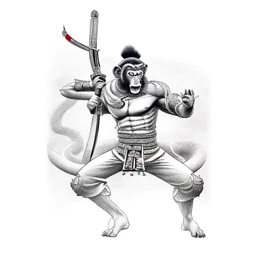 Realistic Tattoo Of Monkey King Wielding A Katana With A Backdrop Of Japanese Kanji Symbols