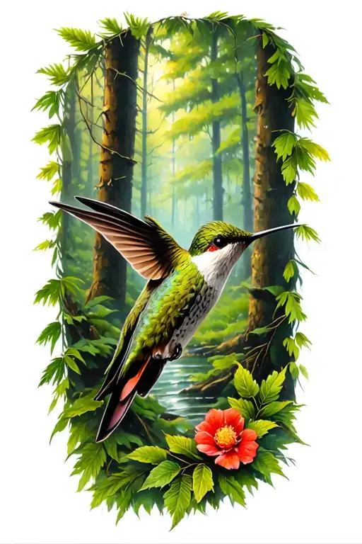 Hummingbird In Forest Scene