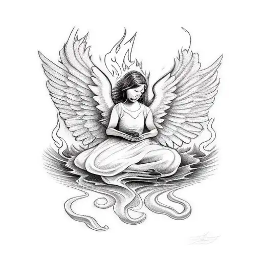 A Realistic Portrayal Of An Angelic Figure Writing Poetry With Fire As Ink