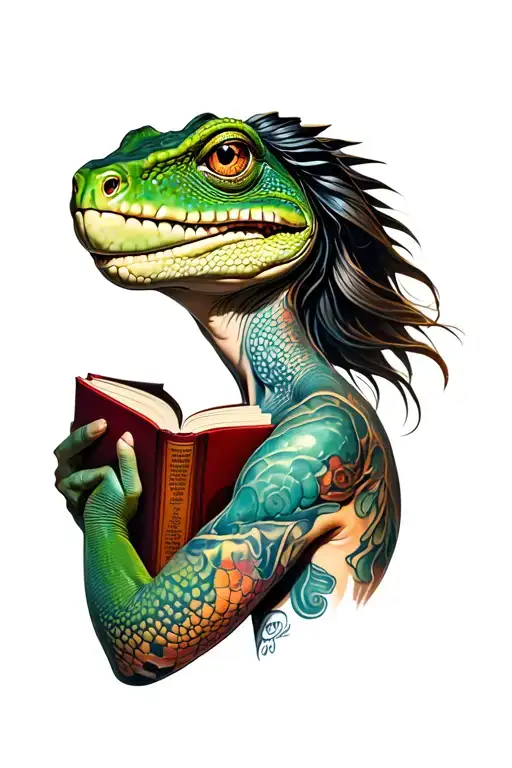 A Human Female Body With A Lizard Head Profile Holding A Book