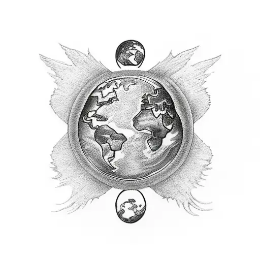 World Cut In Half With An Earth Dragon Flying From Inside While Having 2 Human Babies On Its Wings