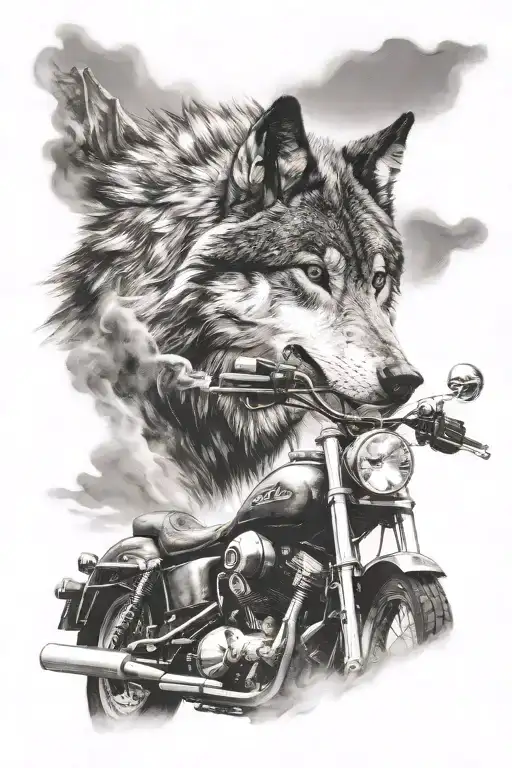 Wolf Head Howling Above Motorbike Riding Off Into The Distance