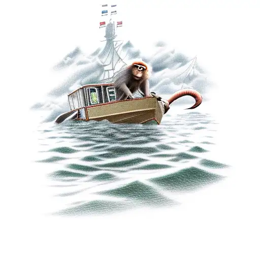 A Fisherman Monkey Smoking A Joint On A Boat In The Middle Of The Sea