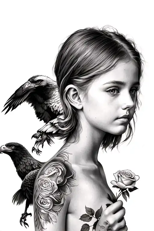 A Girls Face With Her Holding A Rose With A Eagle On Her Shoulder