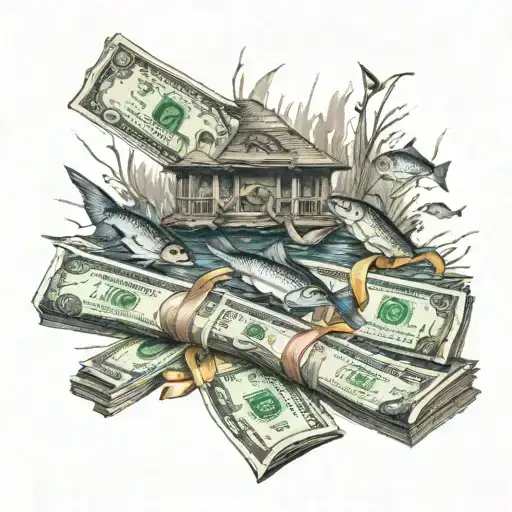 A School Of Fish Swimming Around A Stack Of Money In A River Scene