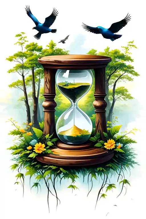 Hourglass In Forest Scene With Birds Flying
