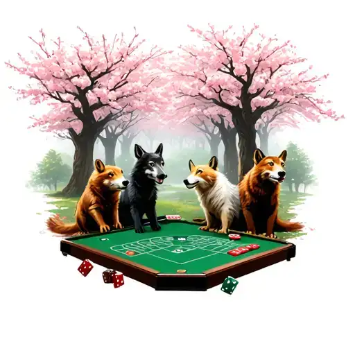 A Pack Of Animals Playing A Game Of Craps In A Forest Filled With Cherry Blossom Trees
