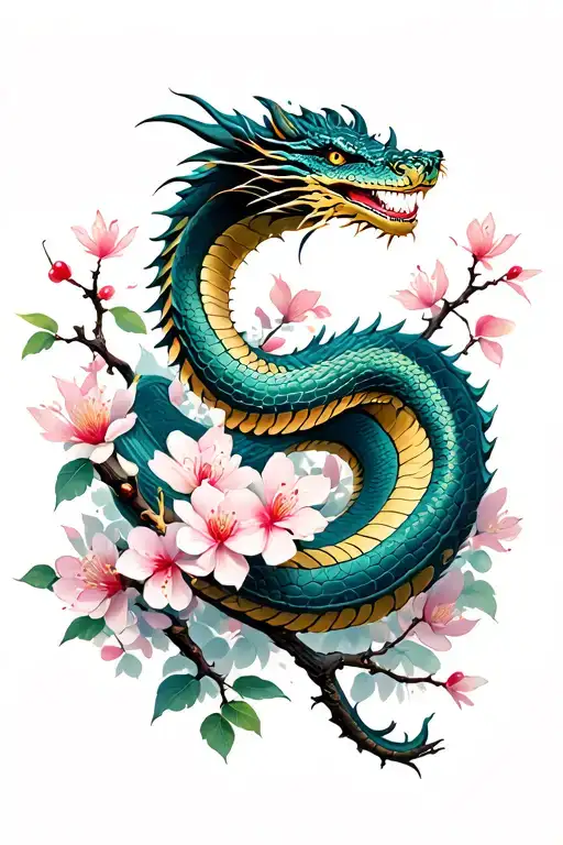Cherry Blossom Branch With A Snake And Dragon Flying