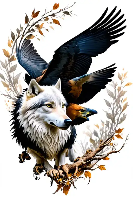 White Wolf Hunting And Black Kestrel Flying