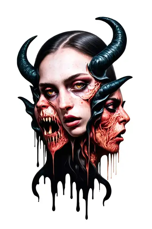 Female Demon Faces Melting Together