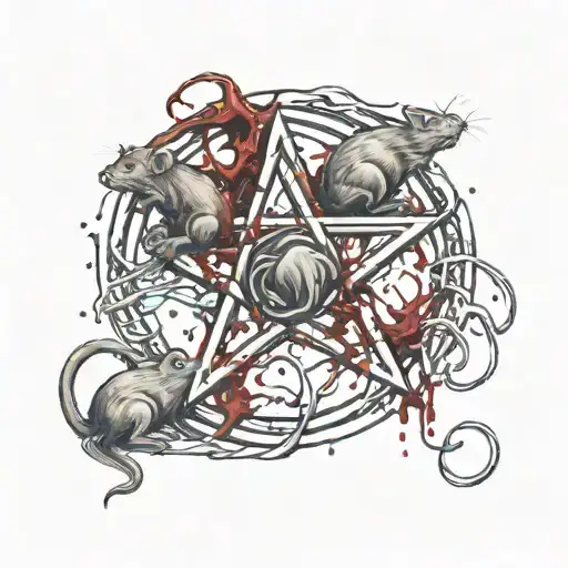 A Pentagram With 4 Rats Forming The Circle And Some Blood Splashes In The Background