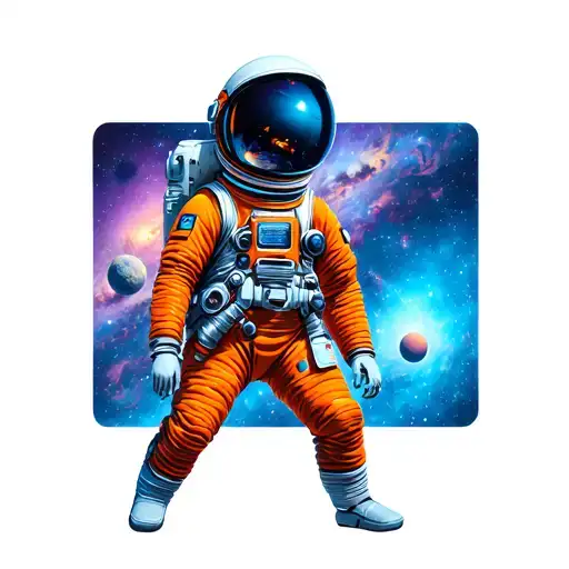 Astronaut In Orange Suit In Space With A Blue And Purple Themed Galaxy With Planets