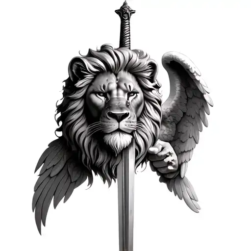 Lion Head And A Angel Holding A Sword