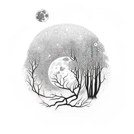 Nighttime Forest With Vines In The Moon Showing Throught He Trees Into An Open Grassy Patch