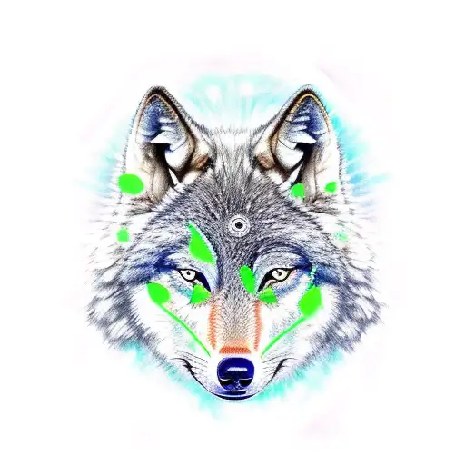 Wolfs Face Split In The Middle By A Redwood Tree With One Blue And One Green Eye