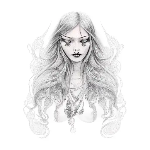 Sad Woman With Long Black Hair In White Dress