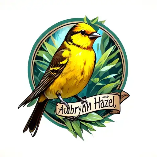 Yellow Finch Bird Standing Proudly With The Word Aubryn Hazel