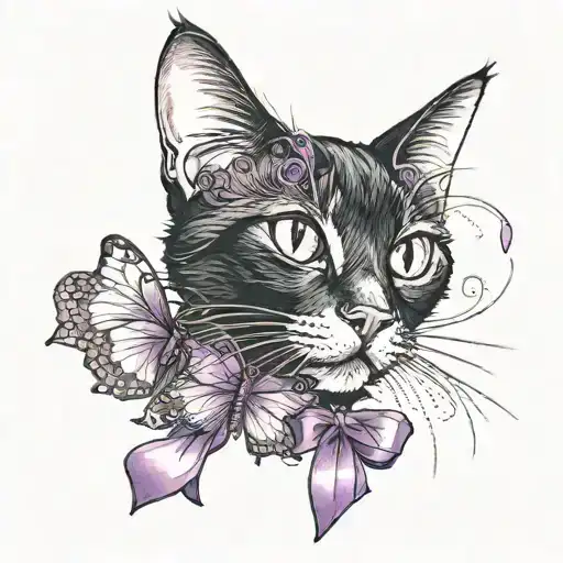 Black Cat With A Butterfly On Its Nose And A Purple Ribbon