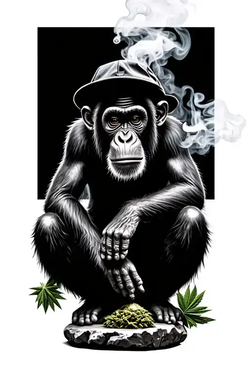 Old Gangsta Monkey Sitting On A Stone Smoking Marijuana In Black And White
