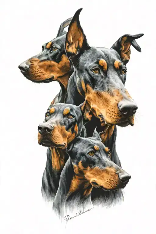 Three Dobermans One Male One Female And One Small Male Doberman Looking At The Male Doberman