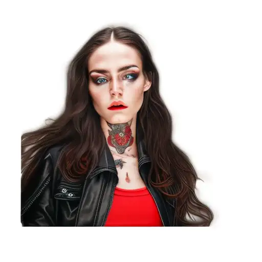 A Woman Wearing A Black Leather Jacket And Red Top