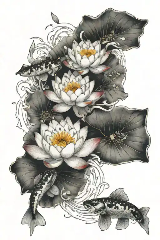 Lotus In The Middle Of Two Koi Fish