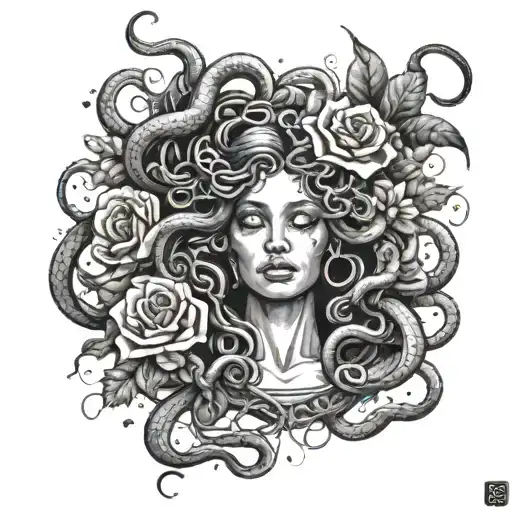 Medusa Crying With Snakes Around Her And Flowers